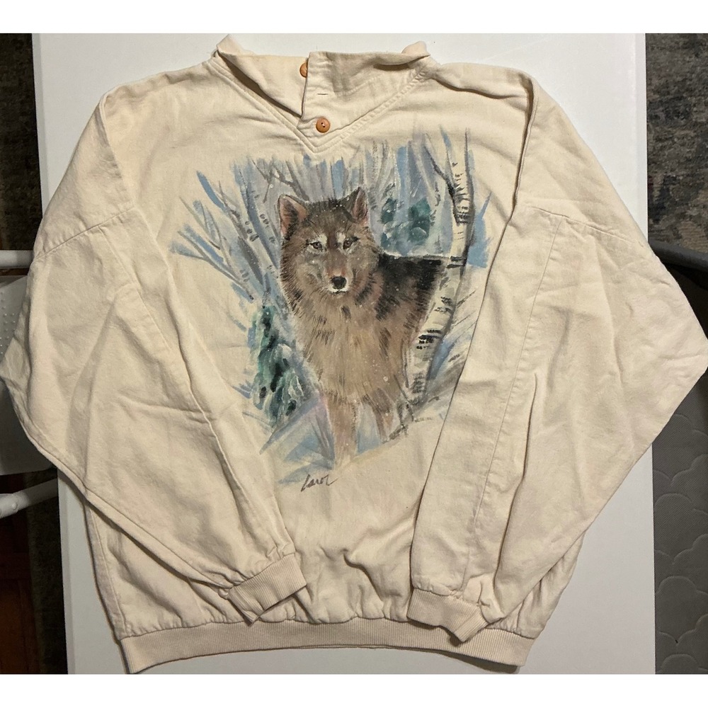 VTG Wolf Print Pullover Sweatshirt Cream 100 Cotton Made in USA XL Nature Winter